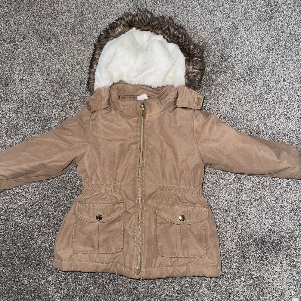 Kids Tan Hooded Winter Jacket with Faux Fur Trim
